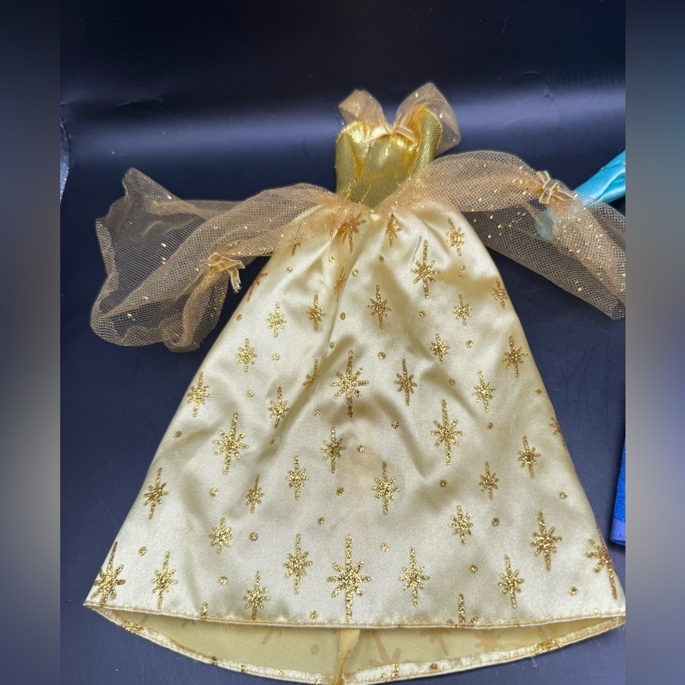 Barbie Disney Belle Golden Gown Dress Tagged Vintage Sparkle Glitter Lace Bows